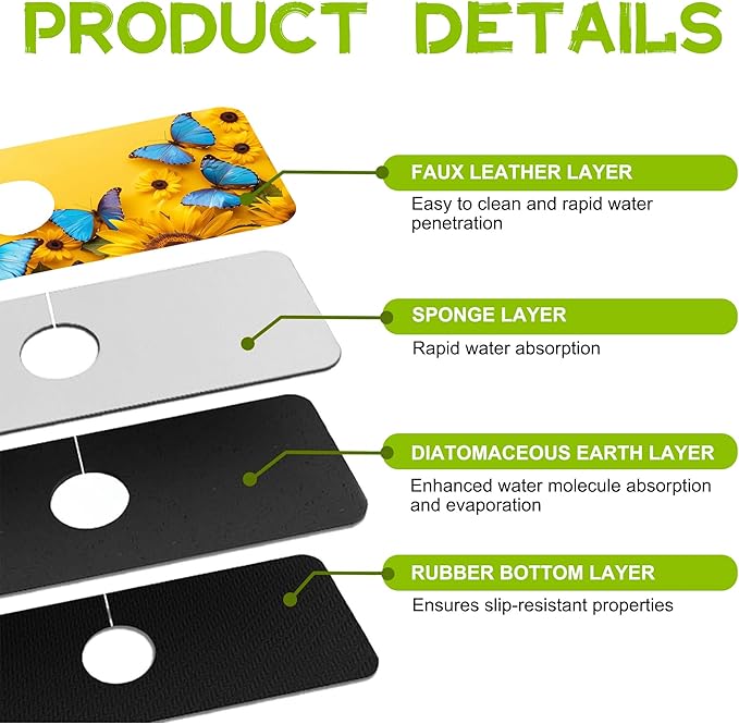 Kitchen Sink Splash Guard Faucet Mat Super Absorbent Fast Drying Mat Guard Behind Faucet Drip Catcher for Kitchen Bathroom (Sunflowers and Blue Butterflies, 23.5"X5.5")