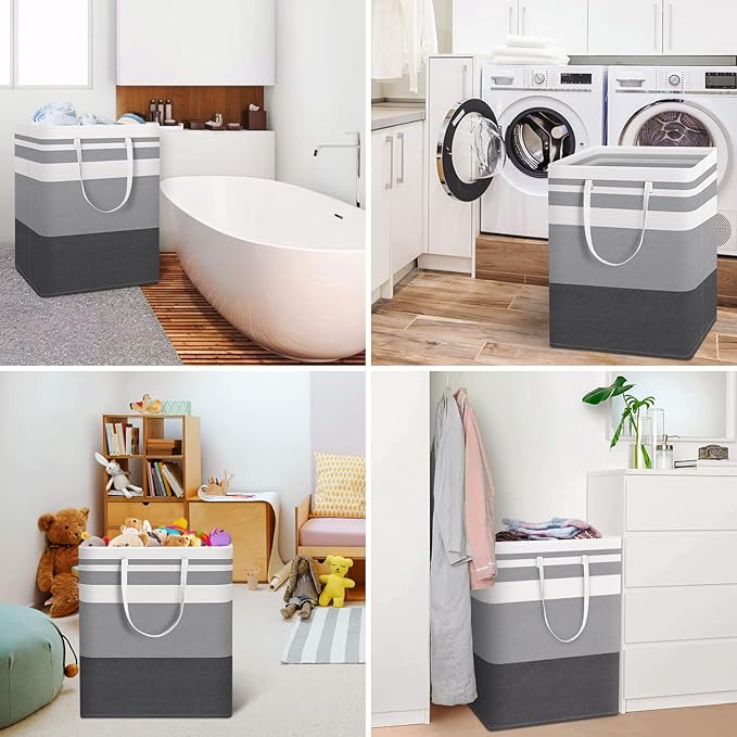 HomeHacks 4-Pack Large Laundry Basket, Waterproof, Freestanding Laundry Hamper, Collapsible Tall Clothes Hamper with Extended Handles for Clothes in the Dorm and Family-(Gradient Grey, 125L)