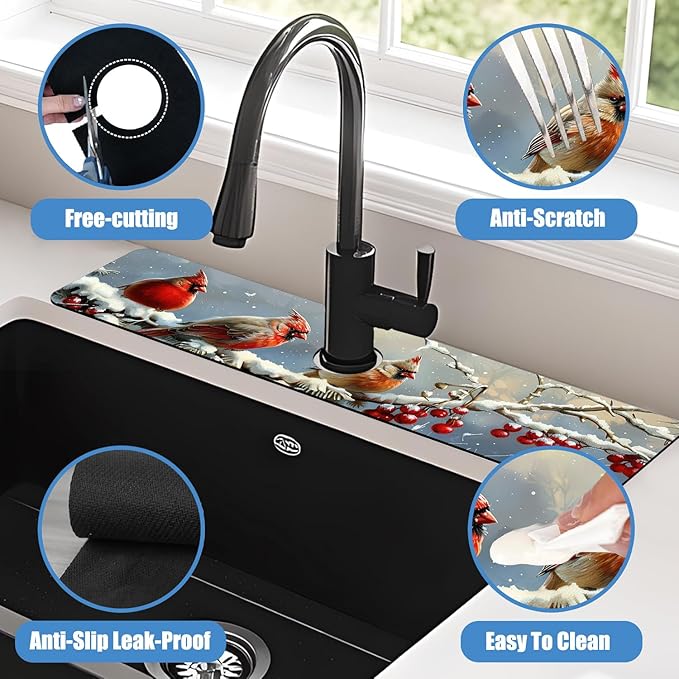 Chrismas Sink Splash Guard Faucet Mat Welcome Winter Absorbent Fast Drying Mat Sink Gadgets Splash Guard Behind Faucet Drip Catcher for Kitchen Bathroom 23.5"X5.5"