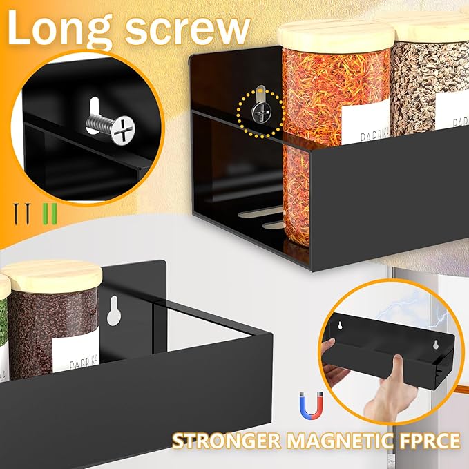 Magnetic Spice Rack Organizer for Fridge Seasoning Organizer for Kitchen storage with Screw Magnetic Shelf with Hook for Refrigerator and Oven (6pack-Black)