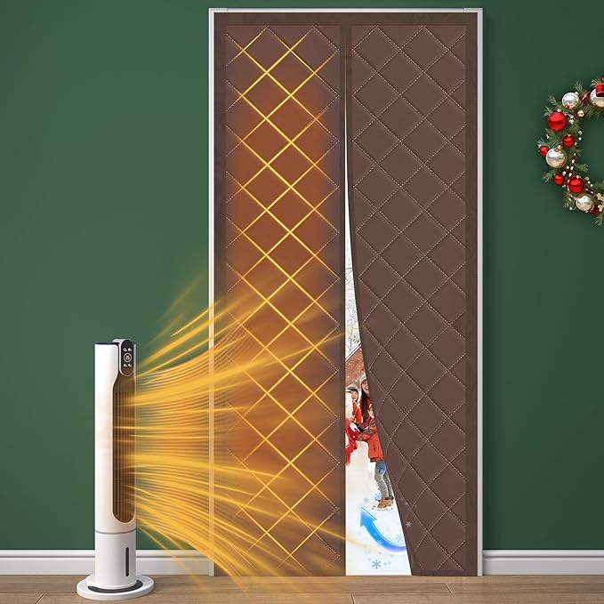 Magnetic Thermal Insulated Door Curtain, Fits 36'' x 82'' Doors(Curtain Size 38'' x 84''), Weatherproof Oxford with Cotton-Fill Insulation Door Cover for Winter, Keep Warm, Brown