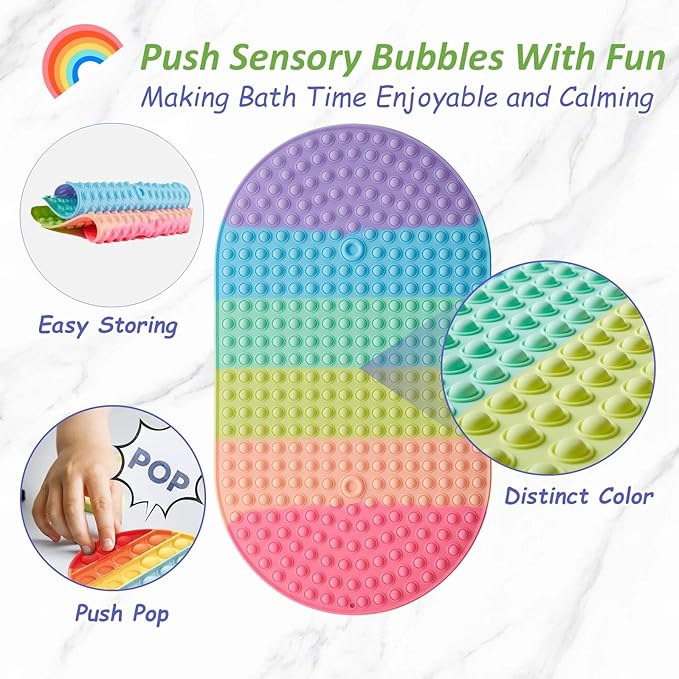 Joiyota Baby & Toddler Bath Mat for Tub，Silicone Non Slip Bathtub Mat for Kids with 27 x 15 Inches for Storage, Rainbow Bathbub Mat with Push Pop Bubbles, Machine Washable Shower Mat, Colorful, Oval