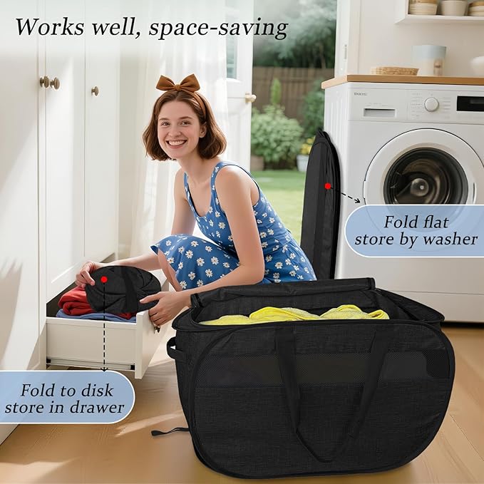 Upgraded 100L Extra Large Mesh Pop Up Laundry Hamper with Lid and Handles. XL Closet Storage Bins, Dirty Clothes Basket for Dorm Home, Foldable Laundry Basket. Black. H