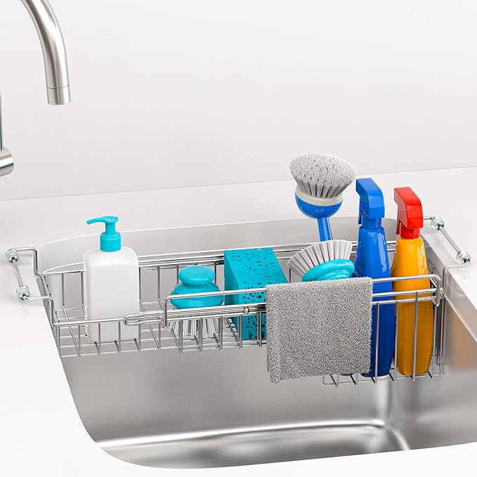 Over The Kitchen Sink Caddy Sponge Holder Organizer Drying Rack Expandable for Sponge Brush Soap Dish Cloth Rag Smaller 12.25" to 17.25", Stainless Steel