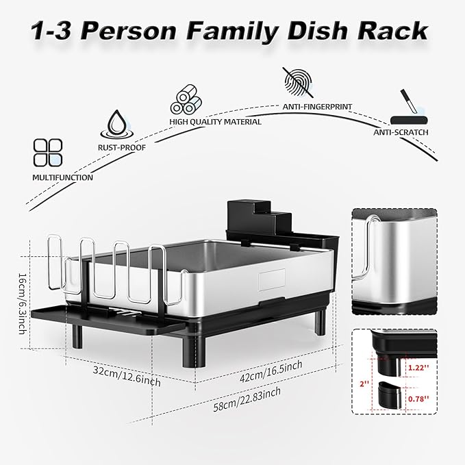 Dish Drying Rack, 304 Stainless Steel Dish Racks for Kitchen Counter, Dish Drainers with Automatic Drainage, Utensil Holder & Cups Holder, Space Saving Kitchen Organizer, Black