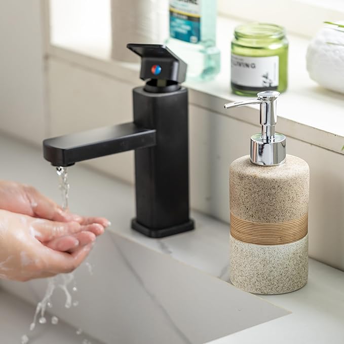 Ceramic Dish Soap Dispenser Set with Silicone Funnel, Hand Soap, Shampoo, Body Wash, Liquid Soap Dispenser for Kitchen and Bathroom, Stainless Steel Pump, Non Slip, 12 Oz