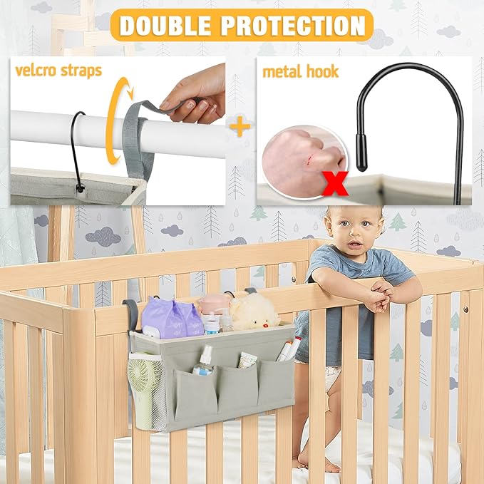Lilithye Bedside Caddy Organizer with Fixed Straps & Water Bottle Holder for Home, College Dorm, Bunk Bed, Hospital & Crib Bed Rails (2 pcs, Grey)