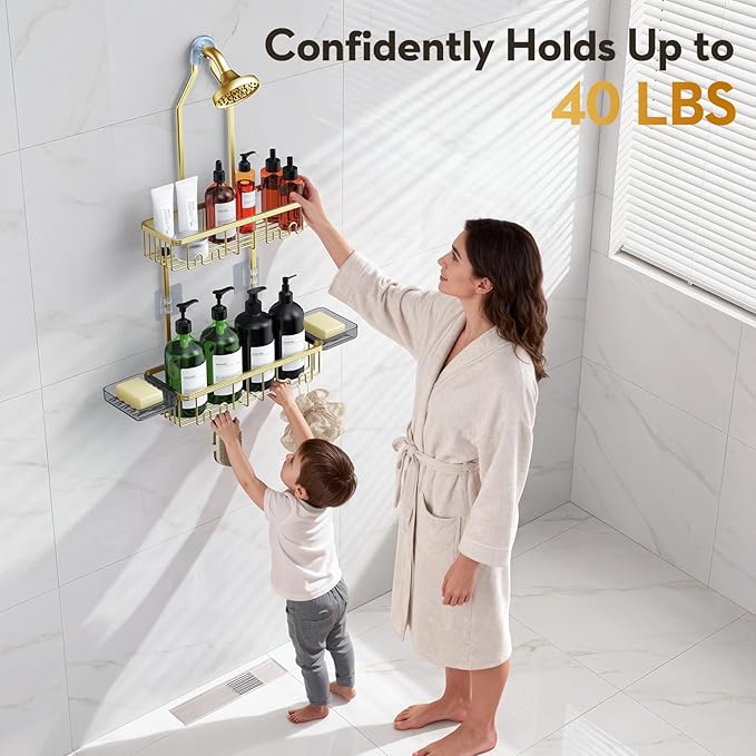 VALORDINE Shower Caddy Hanging, Shower Organizer Hanging, Aluminum Shower Racks for Inside Shower with Hooks for Razor, Never Rust Bathroom Organizers and Storage with Soap Holder, Gold