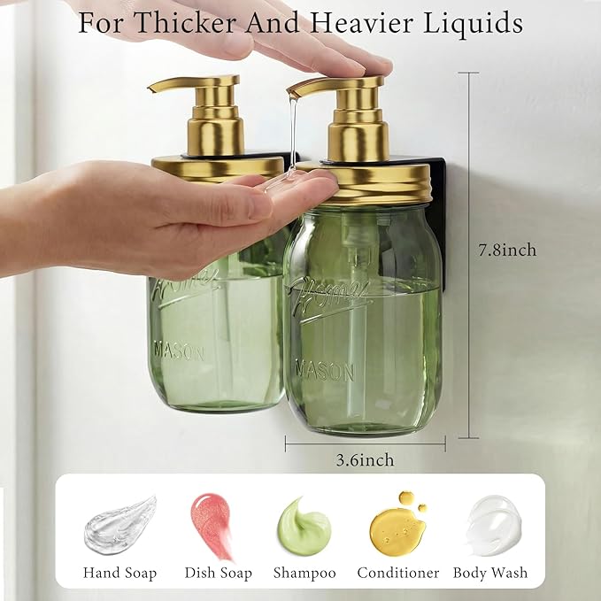 Amolliar Plastic Mason Jar Soap Dispenser with Pump Lid,16OZ Refillable Hand Soap Dispenser Set with Cute Lables - Farmhouse Decor for Kitchen Bathroom, Liquid Soap, Dish Soap, Lotion (2 Pack, Green)