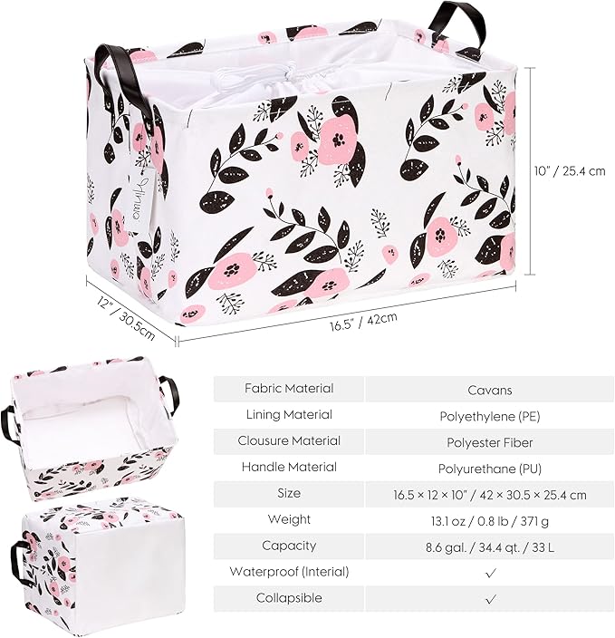 Hinwo 2-Pack Large Canvas Fabric Storage Basket with Handles, 33L/8.6-Gal Rectangle Bin, Collapsible Storage Box, Clothes, Toys, Blankets Organizer, 16.5 x 12 x 10 Inches (L, Pink Flower)