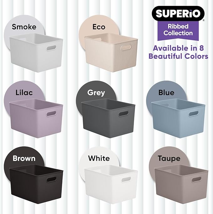 Superio Ribbed Collection - Decorative Plastic Basket Open Home Storage Bins Organizer, X-Large Blue (4 Pack) Container Boxes for Organizing Closet Storage Bins for Shelves 22 Liter/23 Quart