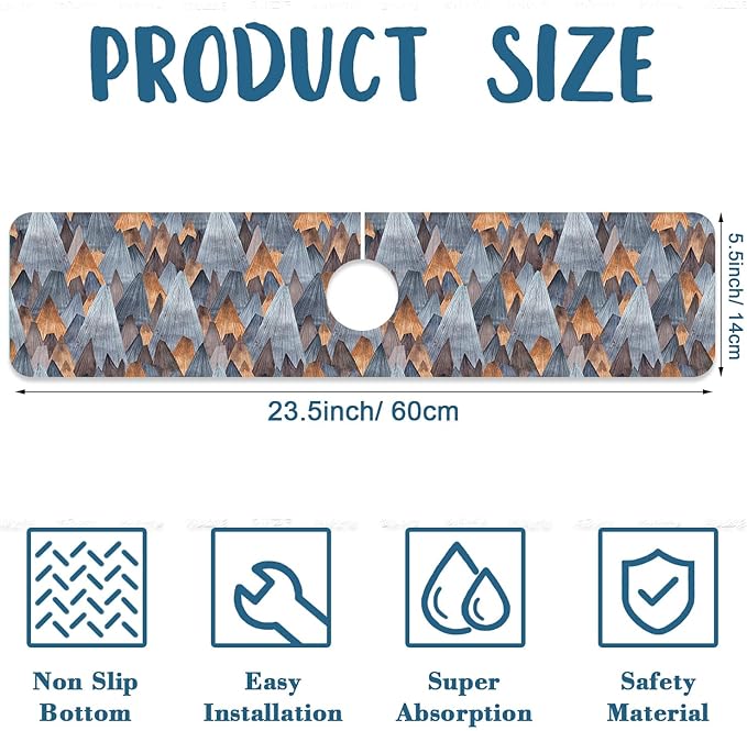 Abstract Mountain Sink Splash Guard Faucet Mat Mountain Landscape Super Absorbent Fast Drying Mat Sink Gadgets-Splash Guard Behind Faucet Drip Catcher for Kitchen Bathroom, 23.5"x5.5"