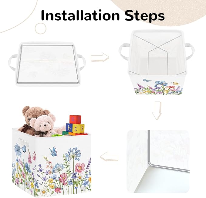 Clastyle Flowers Storage Cube Organizer Set Handle Closet Clothes Cube with Metal Frame Foldable Parents Organizer Storage Basket for Book Toy,Blue Flowers,11.8x11.8x11.8 in