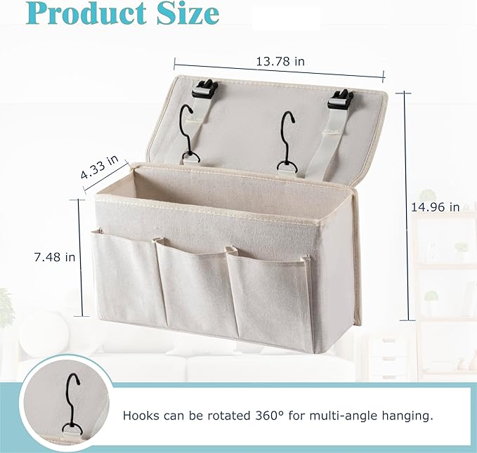 Bedside Caddy / Bedside Storage Organizer Hanging Bag with Three Options,Suitable for home beds, sofas, and dormitory beds—can hold magazines, books, phones, iPads, remote controls. (2-Pack White)