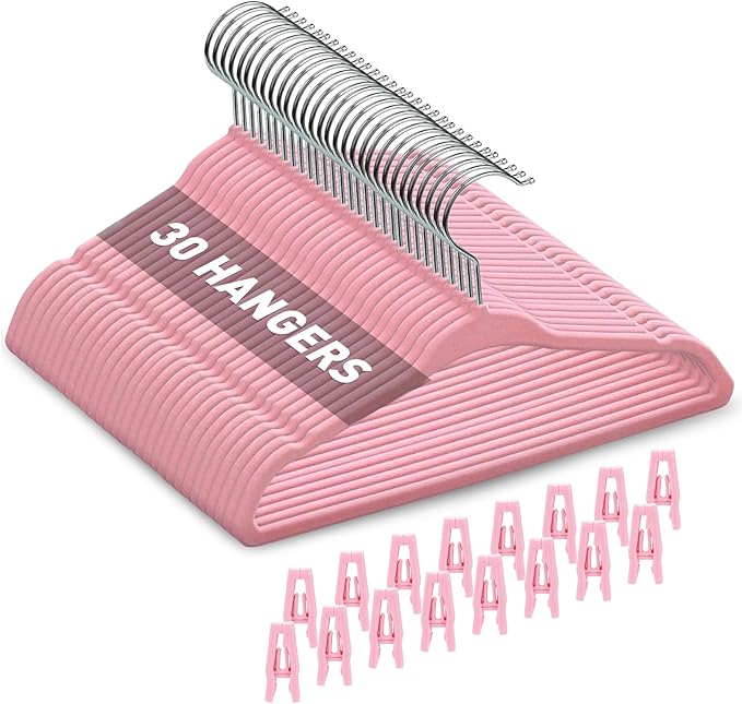 Velvet Baby Hangers with Clips (30 Pack) | 11” Ultra-Slim Baby Clothes Hangers | Non-Slip Felt | Space-Saving Nursery & Infant Closet Organizer | Pink