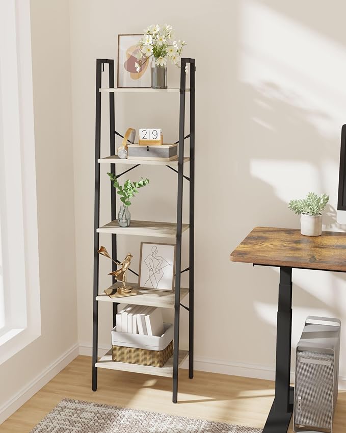 Ladder Shelf, Bookshelf Bookcase, Freestanding Corner Storage Shelve with 2 Hooks for Home Office, Living Room, Kitchen, Bedroom, Industrial, 11.8" D x 17.3" W x 63" H, Greige BC19205B