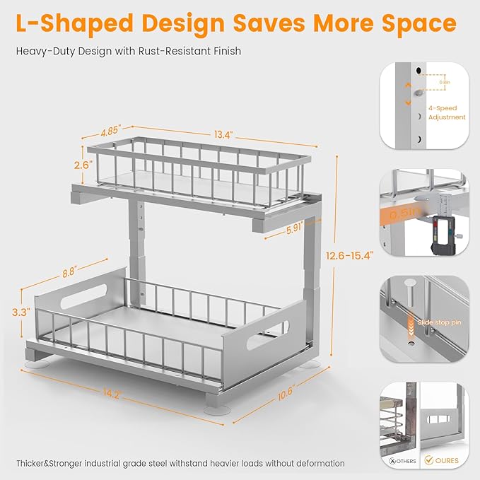 Under Sink Organizer, Heavy Duty Metal Pull Out Cabinet Organizer Slide Out Sink Shelf Organizer Height Adjustable, Multi-Purpose Storage Shelf for Kitchen Bathroom(Sliver,1Pack)