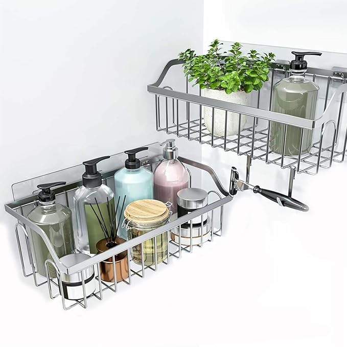 Hetjosee Shower Caddy Adhesive Replacement 15 Pcs Shower Caddy Adhesive Hook No Drilling Stickers for Shelves Basket Bathroom Organizer Hanging Hook Wall Mount Sticker Strips Pads