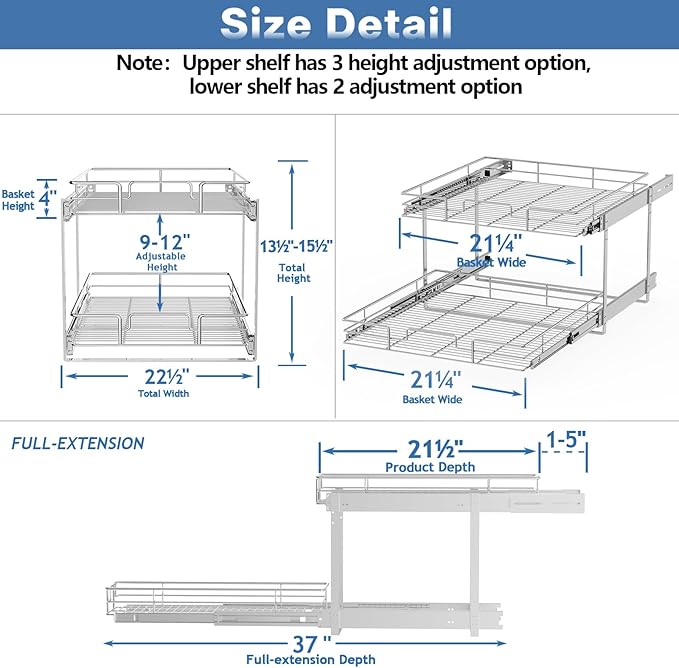 MODCART 2 Tier Individual Pull Out Cabinet Organizer 22½" W x 21½" D, Heavy Duty Cabinet Pull Out Shelves, Slide Out Drawers Organization for Kitchen Cabinets Bathroom