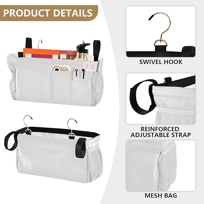 KOPIRIT White Bedside Caddy Storage Bag Bedside Organizer for Bunk Bed Headboards College Hanging Storage Organizer 6 Pockets with Hooks for Drinks Magazine Phone Holder