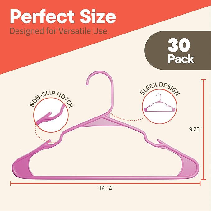 Pink Plastic Hangers 30 Pack– Heavy-Duty Plastic Hangers Slim and Space-Saving, Durable and Lightweight PP with Non-Slip Shoulder Notches for Slip Dresses, Suits, Jackets & Camisoles
