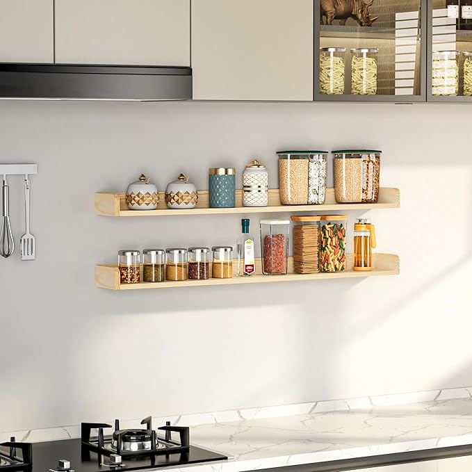 Fun Memories Stove Top Shelf, 30" Magnetic Shelf for Kitchen Stove, Pine Wood Stove Shelf, Wall Mounted Shelf for Home Storage Organization, Heat and Pressure Resistant, 1pcs, Natural