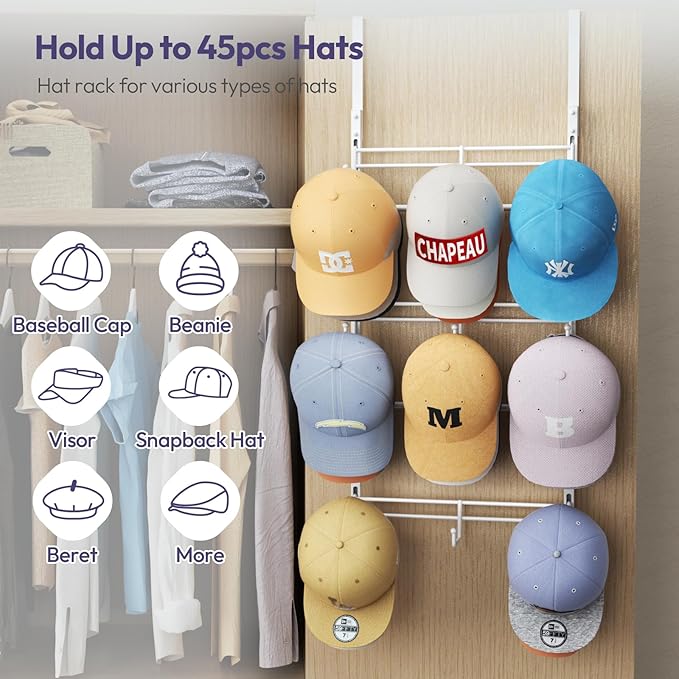 SWTYMIKI Over Door Hat Organizer - 3 Tier Metal Adjustable Wall Mounted Hat Rack with 9 Hooks Design, Hanging Baseball Cap Organizer Storage Holds up to 27 Caps for Door, Bedroom, Closet