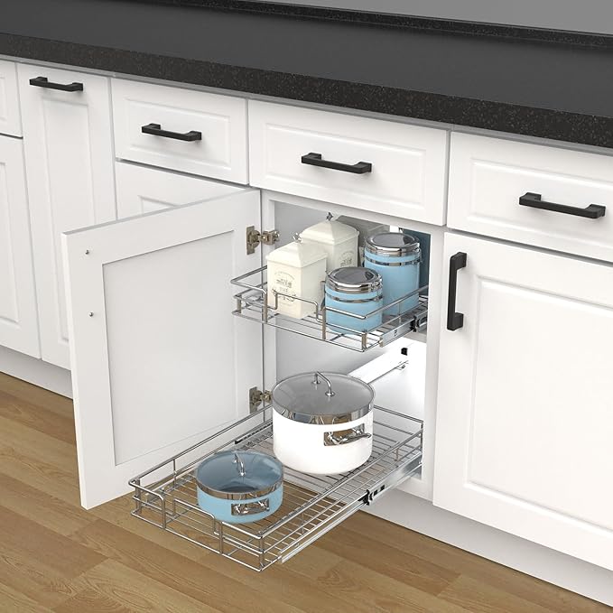 Pulloutor Pull Out Cabinet Organizer, 17" W x 21" D Slide Out Kitchen Cabinet Storage Shelf and Drawer Organizer NEED 18" W and 22" D Cabinet, Chrome Finish