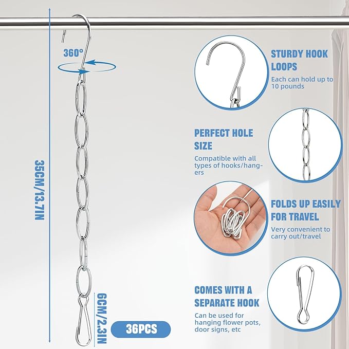 36 Pack Clothing Chain Hanger Collapsible Metal Closet Organizer Space Saving Hangers for Clothes with 7 Holes Apartment College Dorm Room Essentials,Cascading Hanger for Home,Travel,Cruise Ships,RVs
