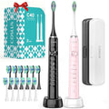 COSLUS C40 Sonic Electric Toothbrush for Adults: 47000 VPM for Deep Cleaning & Whitening with Travel Case - 5 Modes for Sensitive Teeth & Braces, Wireless Charging, 6 Brush Heads, Black & Pink (2PCS)