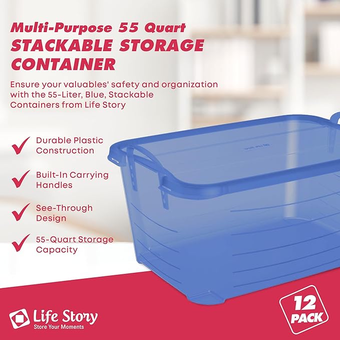 Life Story 12 Pack Light Duty Stackable Storage Bin, 55 Quart Home Organizer, Versatile Lightweight Locking Bins with Carrying Handles, Blue