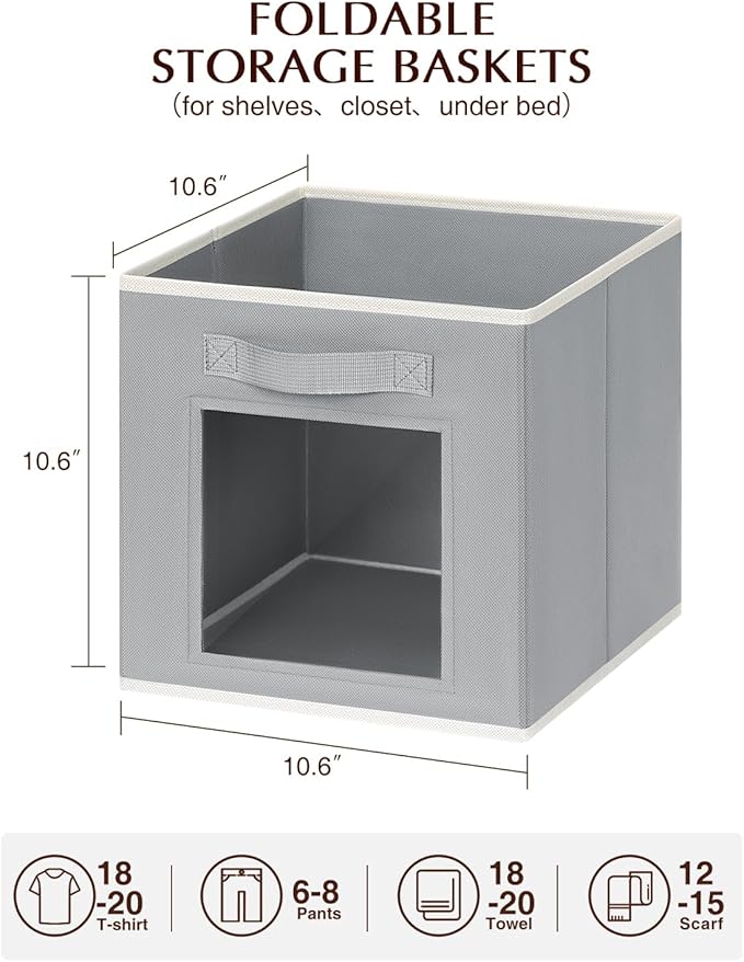 Foldable Storage Cubes - Cubby Storage Organizer with Window, Decorative Baskets for Organizing, Fabric Bins for Clothes Storage, Closet Storage Cubes 11inch, Set of 12, Grey