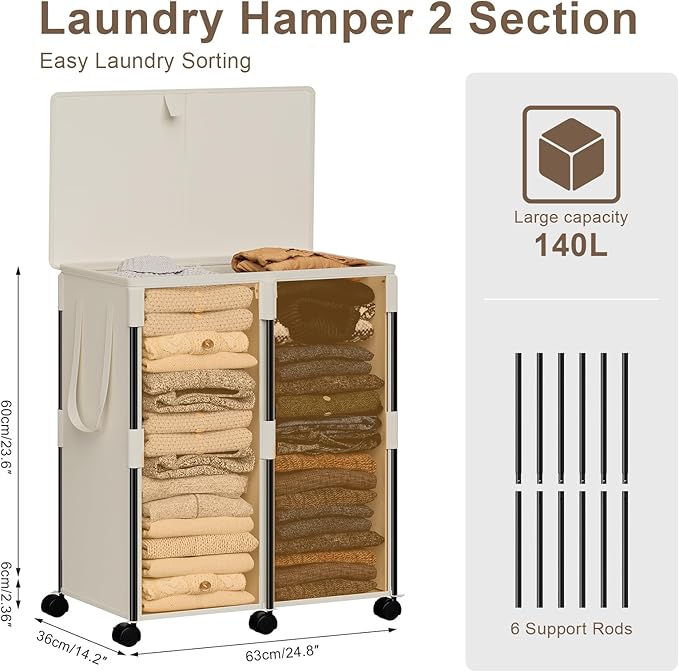 Chrislley 140L Large Double Laundry Hamper with Lid and 6 Wheels, Rolling Laundry Basket with 2 Removable Bags, Heavy Duty Metal Frame Laundry Cart, Dirty Clothes Hamper for Bathroom, Bedroom (Beige)