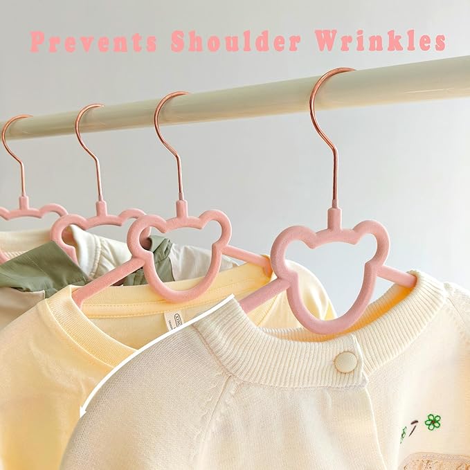 30 Pack Pink Velvet Baby and Kids Clothes Hangers - 12.6in for Ages 4-10, with Cute Bear, Rotating Rose Gold Hook, Non-Slip, Space-Saving Slim Felt Hangers for Toddler Coats, Jackets, Dresses