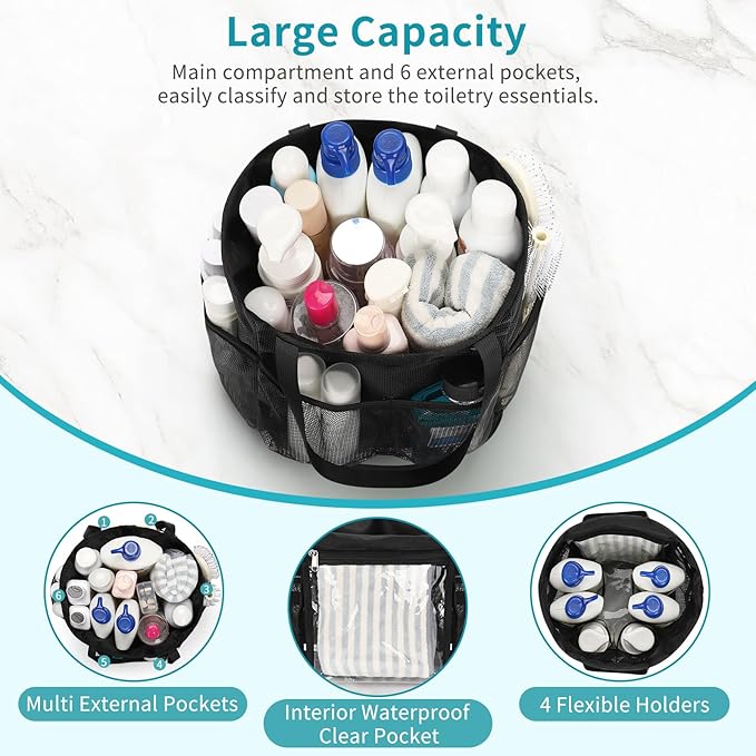 Hanging Shower Caddy, Mesh Shower Caddy Portable with Waterproof Phone Pouch for College Dorm Room Essentials, Large Capacity Shower Bag Basket with 7Pockets for Bathroom, Gym, Camping, Swiming, Beach