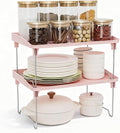 2 Pcs Cabinet Organizer Shelf，Stackable Kitchen Counter Shelves, Spice Rack,Countertop Organizers，Pink Plastic Storage Shelves Rack for Makeup，Bathroom, Cupboard，Desk，Pantry Organization