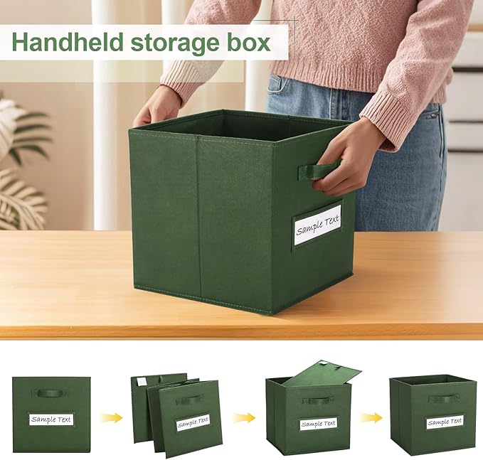 artsdi 13x13x13 storage cube bins (Set of 10) Fabric storage cubes with 10 Labels Window Cards & a Pen, storage cubes 13x13, Collapsible 13 inch cube storage bins, Cubby Organizer Boxes, Dark Green