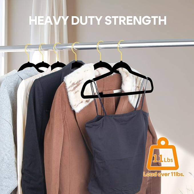 MOERKADA 36-Pack Premium Velvet Hangers with Gold Hooks - Space-Saving Non-Slip Heavy-Duty Clothes Hangers for Coats, Suits, Dresses, and Sweaters - Slim Design, Closet Organizer(Black+Gold)