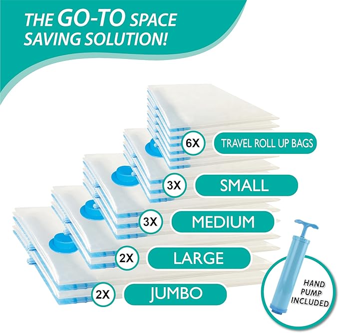 Cozy Essential 16 Pack Vacuum Storage Bags, Space Saver Bags (2J/2L/3M/3S/6Roll) Compression Storage Bags for Comforters and Blankets, Pillow, Bedding, Vacuum Sealer Bags for Clothes Storage