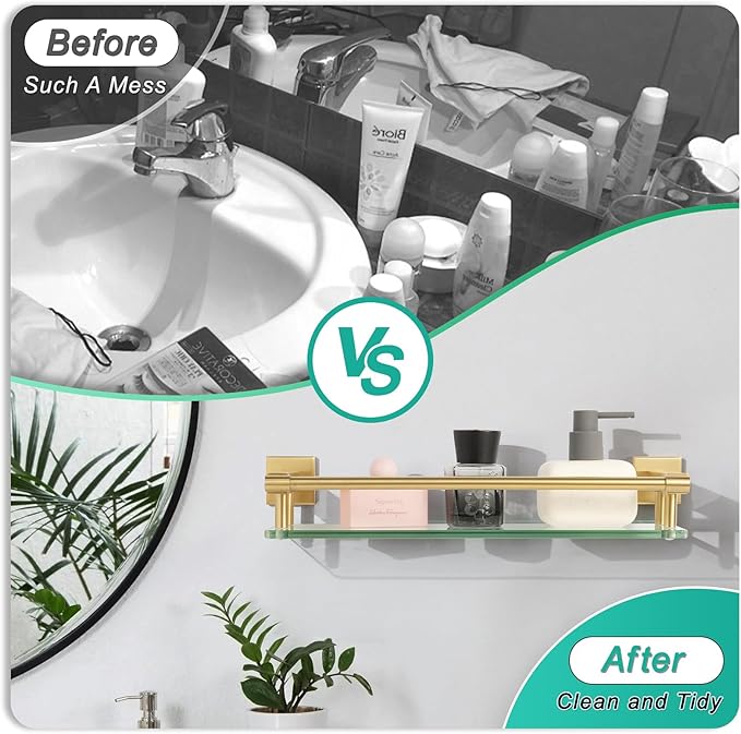 SFGSOWOR 16 Inch Brusheld Gold Bathroom Glass Shelves with Stainless Steel Railing, Tempered Floating Glass Modern Decoration Bathroom Shelf Sink Over Toilet