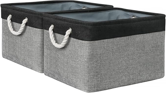 Sacyic Organization and Storage Bins for Shelves - 17X15X12 inch 2 Pack Foldable Baskets for Organizing, Fabric Storage Cubes with Rope, Storage Box for Decorative Cloth (Black & Grey)