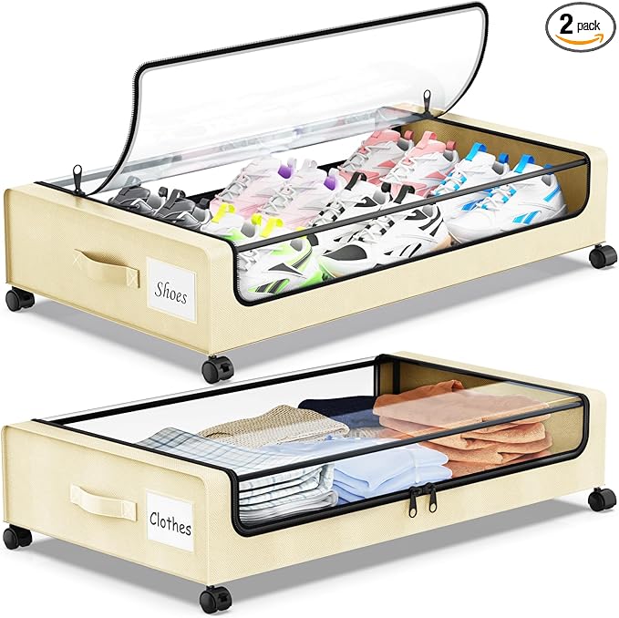 Under Bed Storage with Wheels, 2-Pack Underbed Storage Containers with Clear Lids, Under Bed Shoe Storage Organizer, Rolling Under Bed Storage for Clothes Shoes Blankets (Beige)