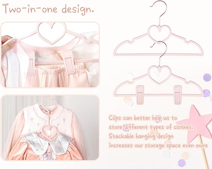 OneDream Pink Velvet Baby Hangers - 50 Pack 11inch Heart Toddler Hangers with 20pcs Clips, Non-Slip Strong and Durable Baby Clothes Hangers Without Slipping, Ultra Slim and Stackable Space Saving