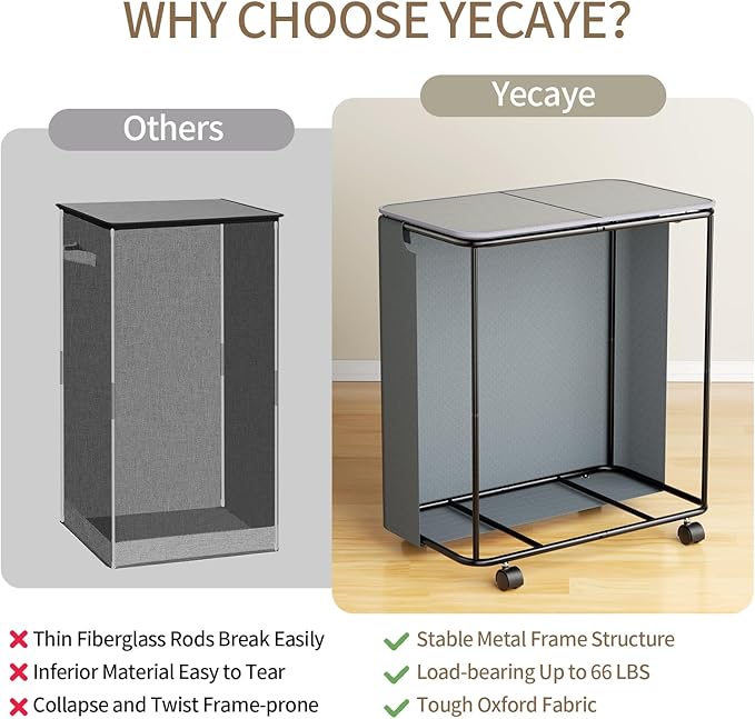 Yecaye 150L Laundry Hamper with Wheels, Rolling Laundry Basket with Lid and 2 Removable Laundry Bag, Large Capacity 2 Section Clothes Hampers for Laundry Room, Bedroom, Bathroom, Dorm, Grey