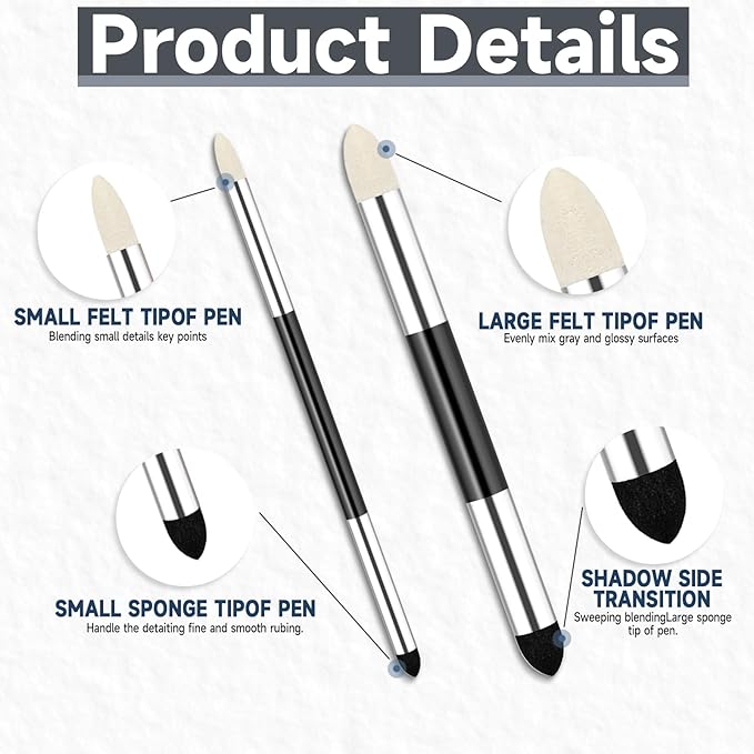 4pcs Artist Blending Sponge Pen Dual Tip Reusable Drawing Art Soft Oil Pastel Blending Tools Washable Sketch Rubbing Sponge Brush for Artist Professional Sketch Drawing Blending Lightening & Highlight