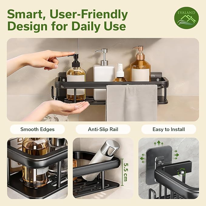 EVALAND Shower Caddy Adhesive 2-Pack with Hooks and Rod for Towels, Black – Premium Bathroom Shower Shelves, Shampoo Organizer, Bathtub Shelf, Rustproof, Easy Installation, Sturdy Modern Look