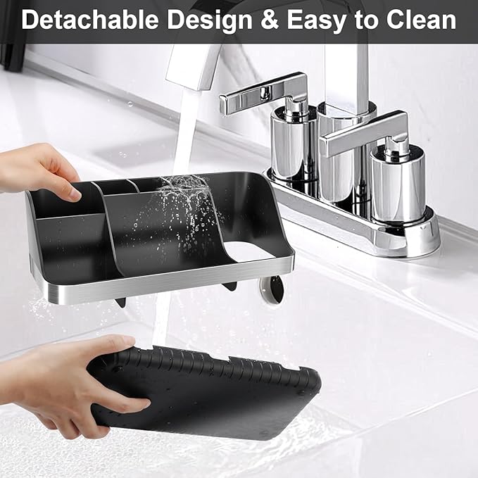 Black Toothbrush Holder - 7 Slots Bathroom Organizer Countertop with Drainage Matte Black Electric Toothbrush and Toothpaste Holder for Bathroom Accessories Sink Storage