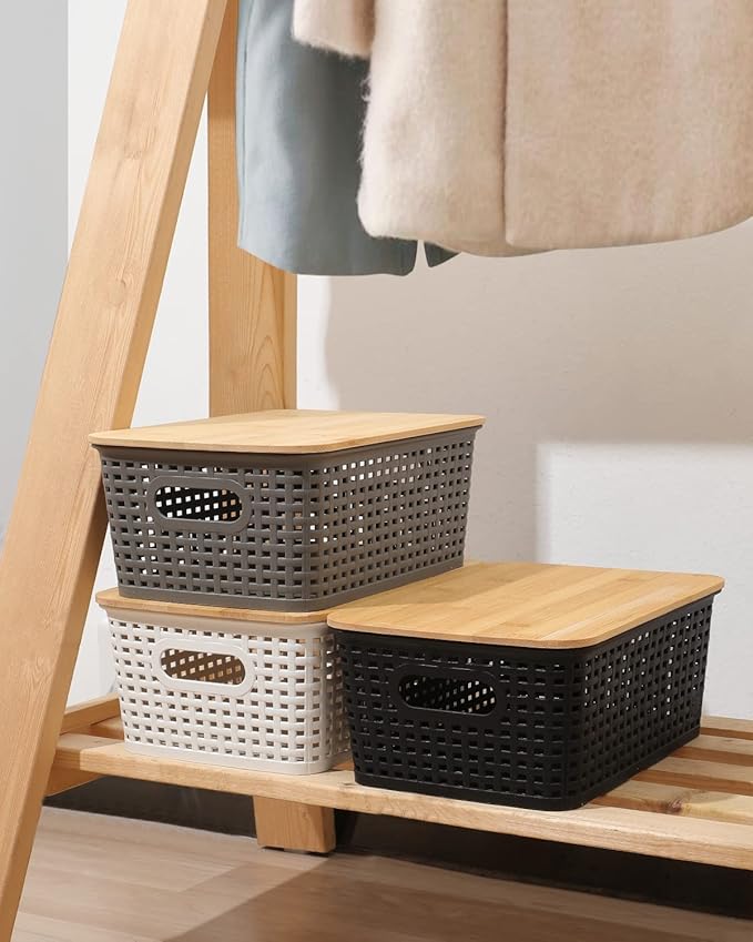 AREYZIN Storage Bins with Bamboo Lids Set of 6 Lidded Storage Container Plastic Baskets Organizer Bins for Organizing Kithen Room Bedroom Office Closet, Sturdy(White)