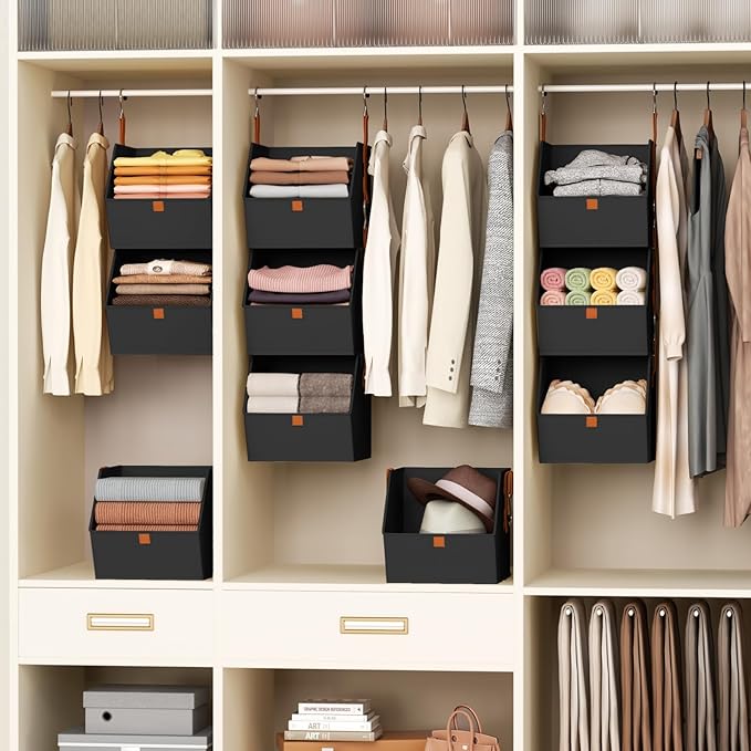 Collapsible Hanging Closet Organizer - 3 Tier Closet Shelves Storage System with Hooks, Fabric Hanging Storage Bins for Clothes, Foldable Storage Basket for Laundry, Bedroom, Rv, Black
