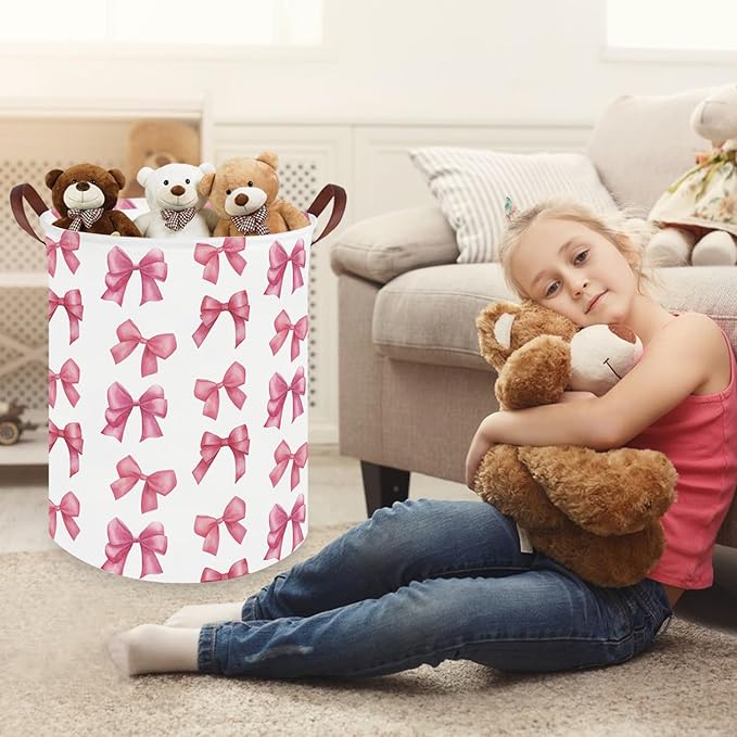 Bow laundry basket for girls,Nursery Hamper,Pink Laundry Hamper,Waterproof collapsible canvas laundry basket for girls,Pink Girls Laundry Basket,Living Room Decor(Bowknot)